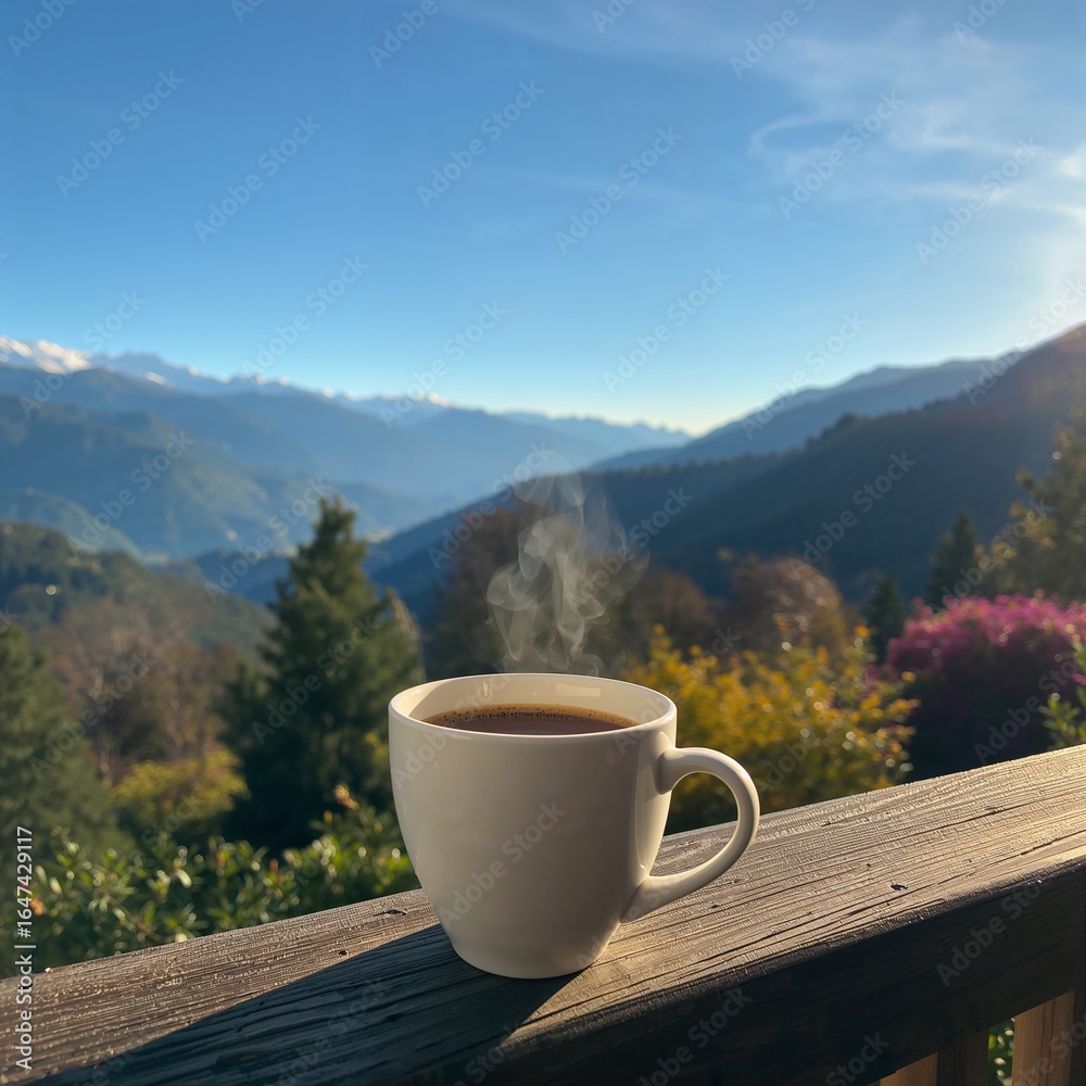 Enjoying steaming hot coffee with breathtaking mountain views on a bright sunny morning escape Enjoying steaming hot coffee with breathtaking mountain views on a bright sunny morning escape