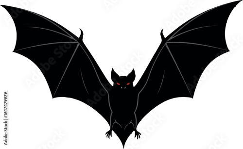 Spooky Black Bat with Red Eyes Spreading Wings - Vector Illustration