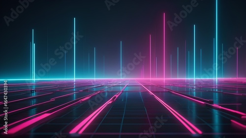 Futuristic digital landscape with glowing pink and cyan neon lines creating a virtual reality grid concept.