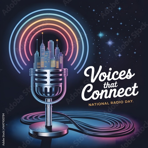 National Radio Day Vintage Microphone with Retro Sound Waves Illustration