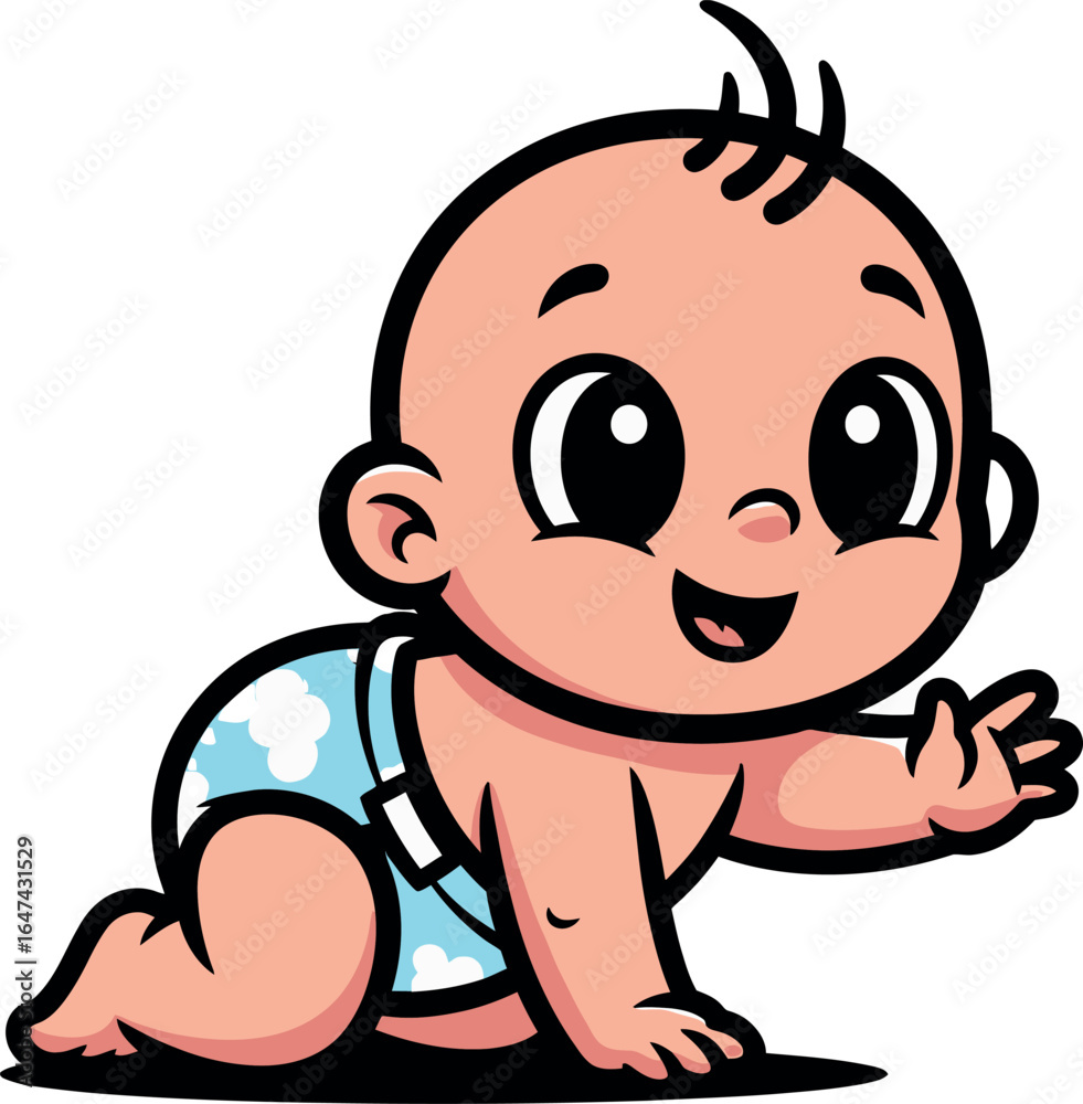 Naklejka premium Cute cartoon baby crawling happily forward, an adorable smiling infant character mascot in a blue diaper vector illustration.