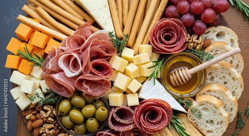 Photo of a delicious charcuterie board with a variety of cheeses, cured meats, fruits, nuts, and bread