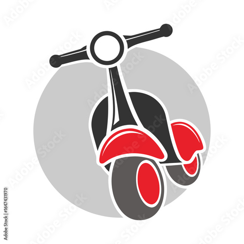 Stylized graphic of a red and black self balancing scooter with gray circle background electric