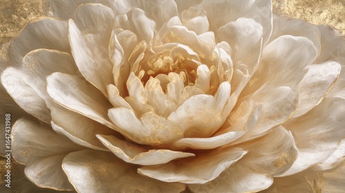 A close-up view of a delicate, creamy white flower with intricate petals and a subtle golden background, showcasing its beauty and elegance.