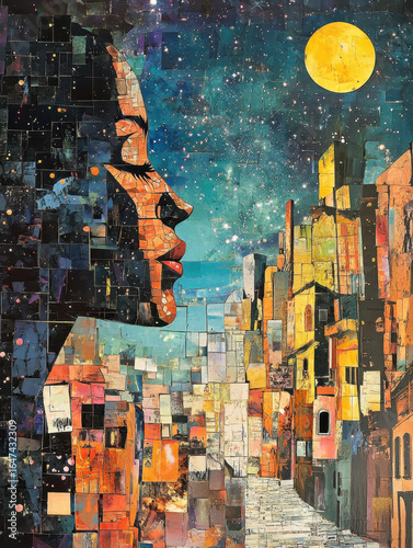 Abstract Collage Portrait of Woman Against Night Cityscape with Yellow Moon