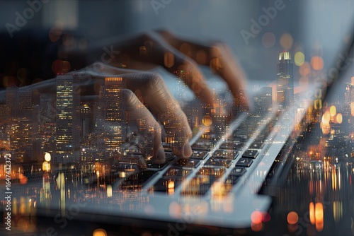 Hands typing on laptop, city lights overlay (2)
