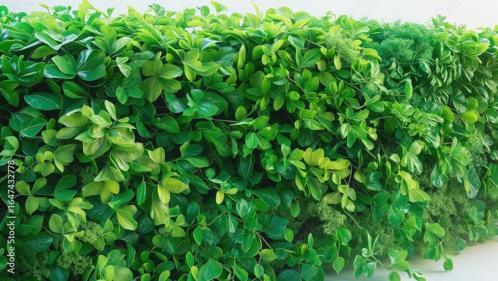 Obraz premium Dense green hedge made of lush foliage and leaves. Nature and landscaping, greenery, outdoor decor. The concept of garden design and plant care.