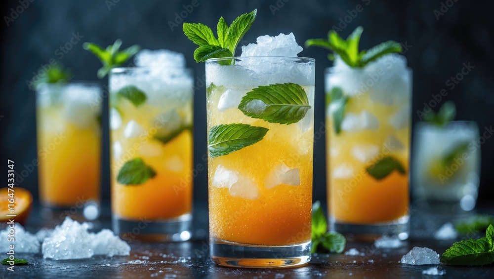 Fototapeta premium Multiple orange-colored drinks with mint leaves in tall glasses, ice, and crushed ice, presented on a dark surface.