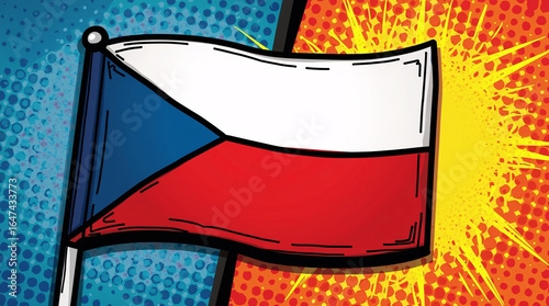 Vibrant Czech flag waving in a retro comic-style explosion background.