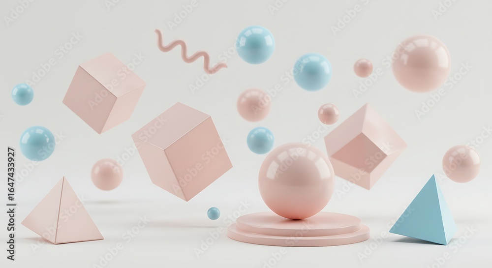 Obraz premium Modern abstract composition with 3D geometric figures on a white background.