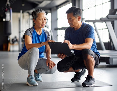 ジムでトレーナーに指導を受けるシニア女性