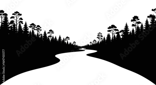 serene river winding through a majestic forest black and white silhouette for ecofriendly designs naturethemed projects and peaceful backgrounds