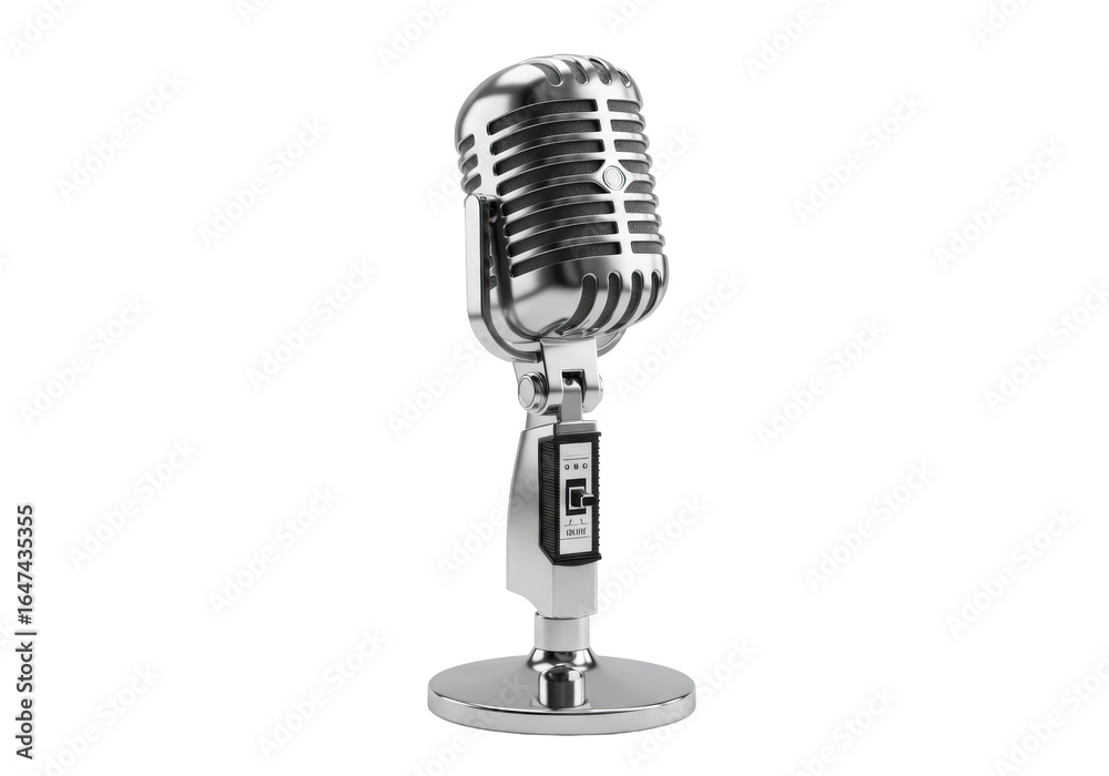 Fototapeta premium Gleaming silver retro microphone with polished chrome, vintage design, impeccable detail, isolated on a transparent background with soft studio light, timeless communication concept
