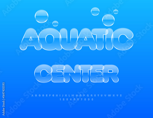 Vector Sports sign Aquatic Center. Glossy Transparent Front. Glass style Alphabet Letters and Numbers set	