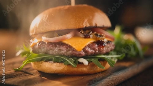 Deliciously crafted gourmet beef burger with melted cheese, fresh arugula, and onions on a rustic wooden platter