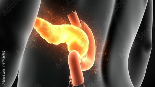 An illuminated three dimensional model of the human pancreas organ representing biological health and medical research