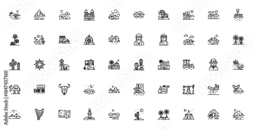 Desert_2924 icon set. Minimal vector illustration pack. Includes symbols for landscape, rocks, palace, sandstorm, safari, camel, pyramids, oasis, scorpion, treasure and more. Editable stroke design.