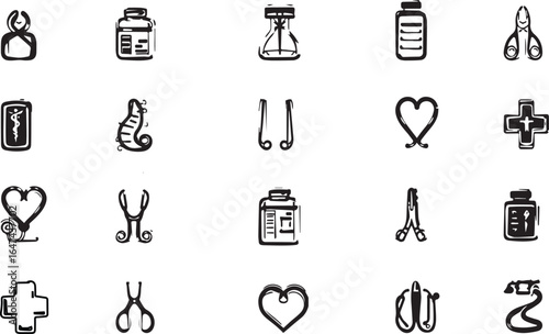 Medical Doodle Icon Set: Hand-drawn medical icons on display, featuring various tools of the medical trade, presented in a graphic, artistic manner.