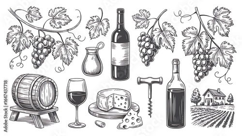 Vintage wine elements collection hand drawn sketch