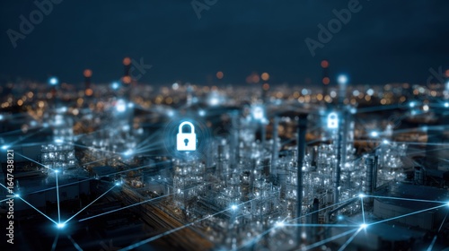 An expansive industrial area is visible at night with glowing machinery and buildings. Digital locks represent security measures being implemented for the safety of operations in the facility