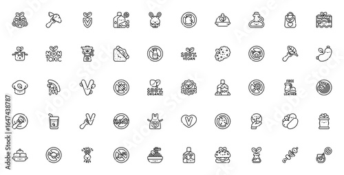 Vegan icon set. Minimalist vector symbols pack. Includes no GMO, fork, cruelty free, soy milk, gluten free, organic, tofu, almond milk, vegan burger and more. Editable stroke.