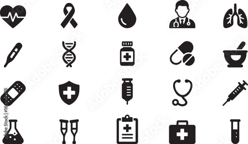 Health and Medical Icons: A collection of health and medical icons, meticulously crafted, presenting various aspects of healthcare, ready to enrich your projects.