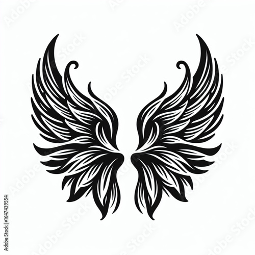 Artistic Feathered Wings: Intricate black and white illustration of angelic wings, a symbol of freedom, aspiration, and divine inspiration, inviting viewers to envision flight and spiritual elevation.