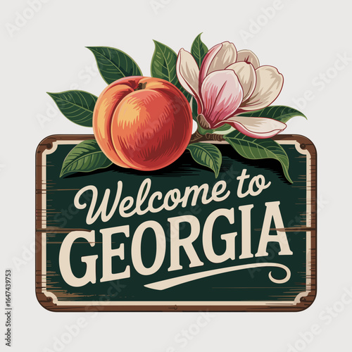 Vintage Welcome to Georgia Sign with Peach and Magnolia