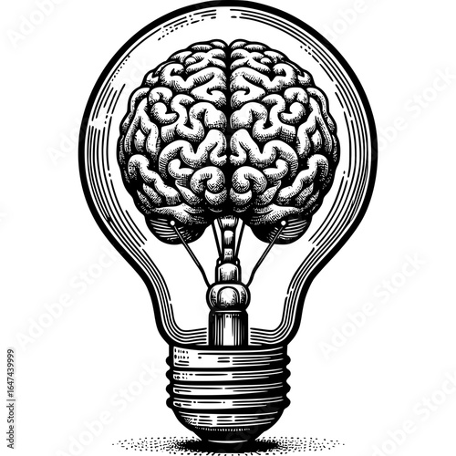 Brain Inside a Light Bulb: This detailed illustration showcases a human brain nestled within a glowing light bulb, symbolizing the power of intelligence and ideas. 
