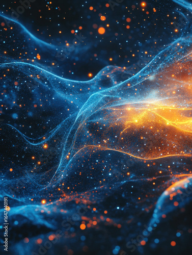 Abstract Blue And Orange Particle Background With Glowing Waves
