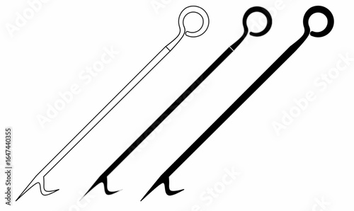 Vector illustration of fireplace poker or fire iron icon, black and white silhouette and outline. long handle with loop grip and hook tip, used for adjusting logs in a fireplace.