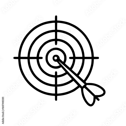 Arrow hitting the bullseye target as simple line art illustration isolated

