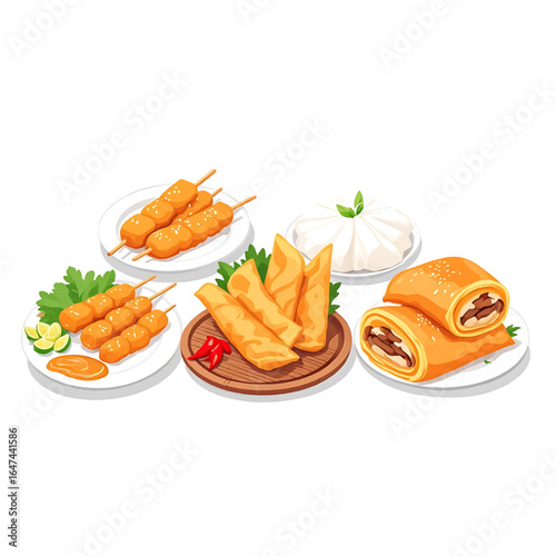 Delicious assortment of Asian street food favorites, perfect for menus and culinary promotions.