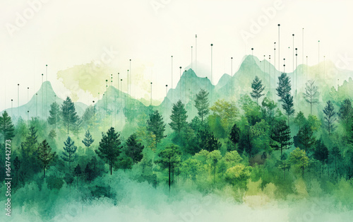 Watercolor Painting of a Lush Green Mountain Forest Landscape