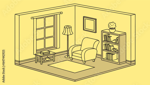 Isometric living room design with armchair bookshelf window and lamp for interior design inspiration