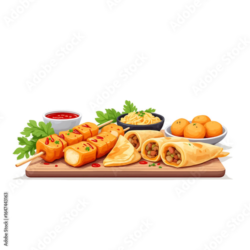 Delicious assortment of savory snacks, including skewers, spring rolls, and dumplings with dipping sauce.