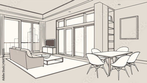 Modern living room interior design with sofa, dining table, tv and large windows vector illustration