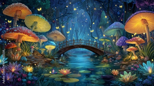 FORESTA INCANTATA CON FUNGHI LUMINOSI E PONTE