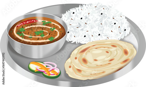Dal Makhni With Rice, Naan And Salad in Steel Plate Stock Vector Illustration (Royalty Free)