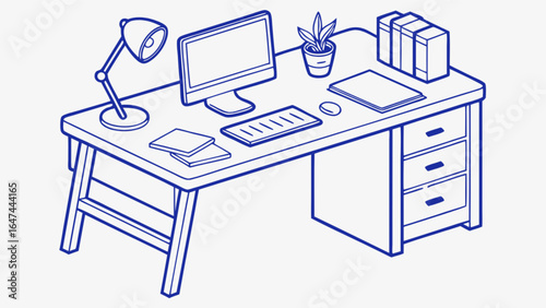 Illustration of desk with computer lamp plant and drawers for home office or study space design style