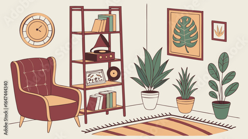 Cozy living room interior design with armchair bookshelf plants and decor for home interior style inspiration