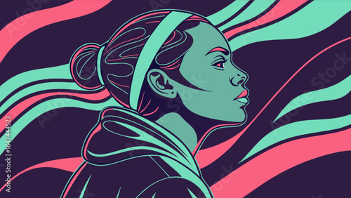 Vector art portrait of a woman with headband and hoodie in teal pink and purple color palette design