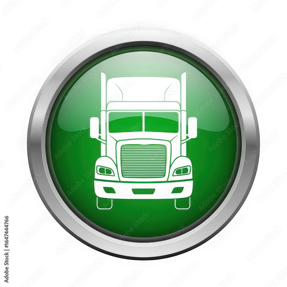Front view of a white semitruck tractor isolated on a green glossy button with a silver metallic border, symbolizing transportation and logistics isolated on transparent background Front view of a white semitruck tractor isolated on a green glossy button with a silver metallic border, symbolizing transportation and logistics isolated on transparent background
