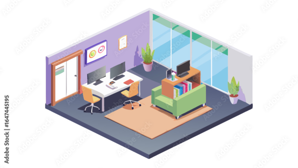 Isometric office workspace design with computer desk chair sofa and plant for business and creative work concept
