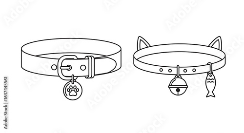 Two collars one for a dog with a paw print and one for a cat with ears a bell and a fish tag