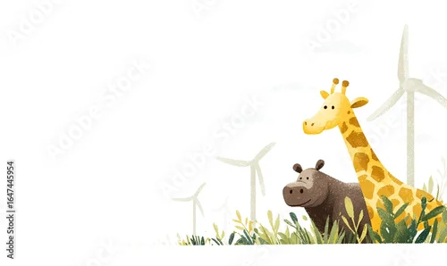 Obraz PASTELOWA ILUSTRACJA ŻYRAFY I HIPOPOTAMA NA TLE TURBIN WIATROWYCH