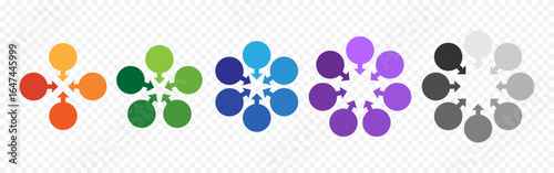 Colored infographic charts isolated on transparent background. Pie charts with arrows