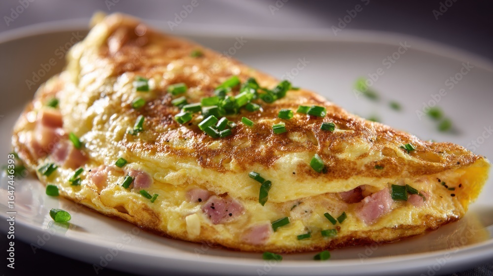 A fluffy omelette is presented on a white plate. The dish features a filling of ham and cheese, topped with freshly chopped chives, showcasing a delicious breakfast option A fluffy omelette is presented on a white plate. The dish features a filling of ham and cheese, topped with freshly chopped chives, showcasing a delicious breakfast option