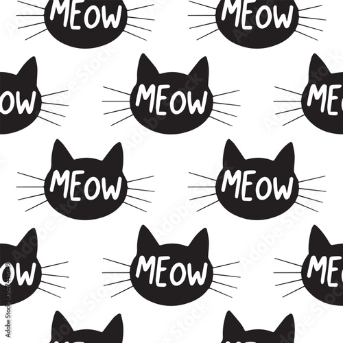 black cat silhouette pattern with meow lettering playful seamless vector background for fabric textile wallpaper and wrapping