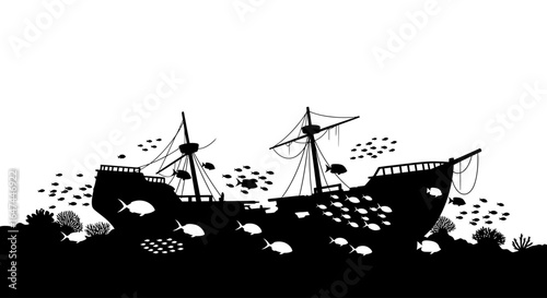 sunken shipwreck silhouette dramatic black and white stock photo for nautical ocean and underwater designs websites and branding projects